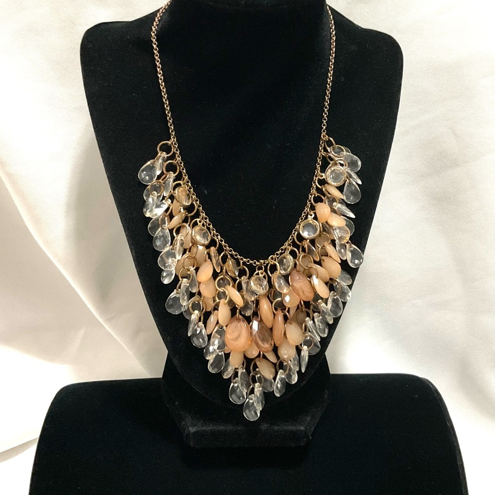 Vintage Bib Style Cascading Light Pink & Clear Crystals Necklace